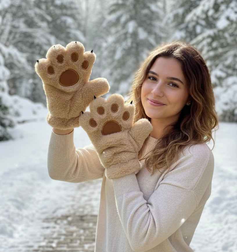 Brown Soft Plush Bear Paw Gloves