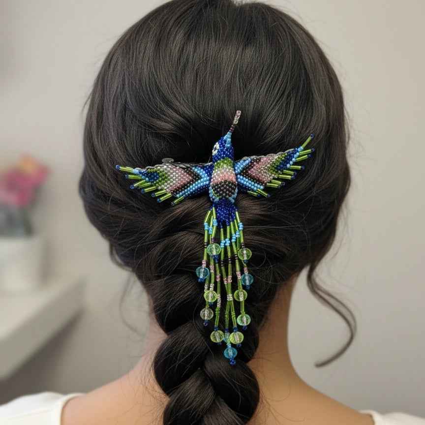 Blue and green Hummingbird Barrette with Fringes