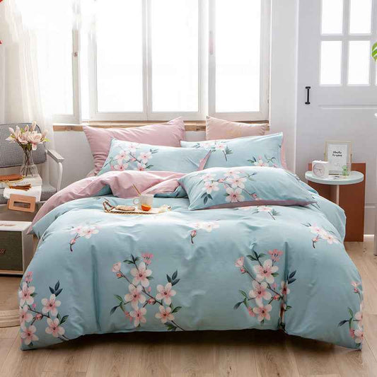 Cotton 4-Piece Bedding Set – Floral Plant Print Bed Linen Set with Duvet Cover