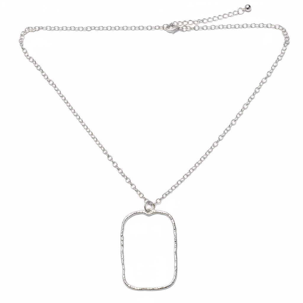 Hammered Rectangular Pendant On Simple Chain - Silver Plate