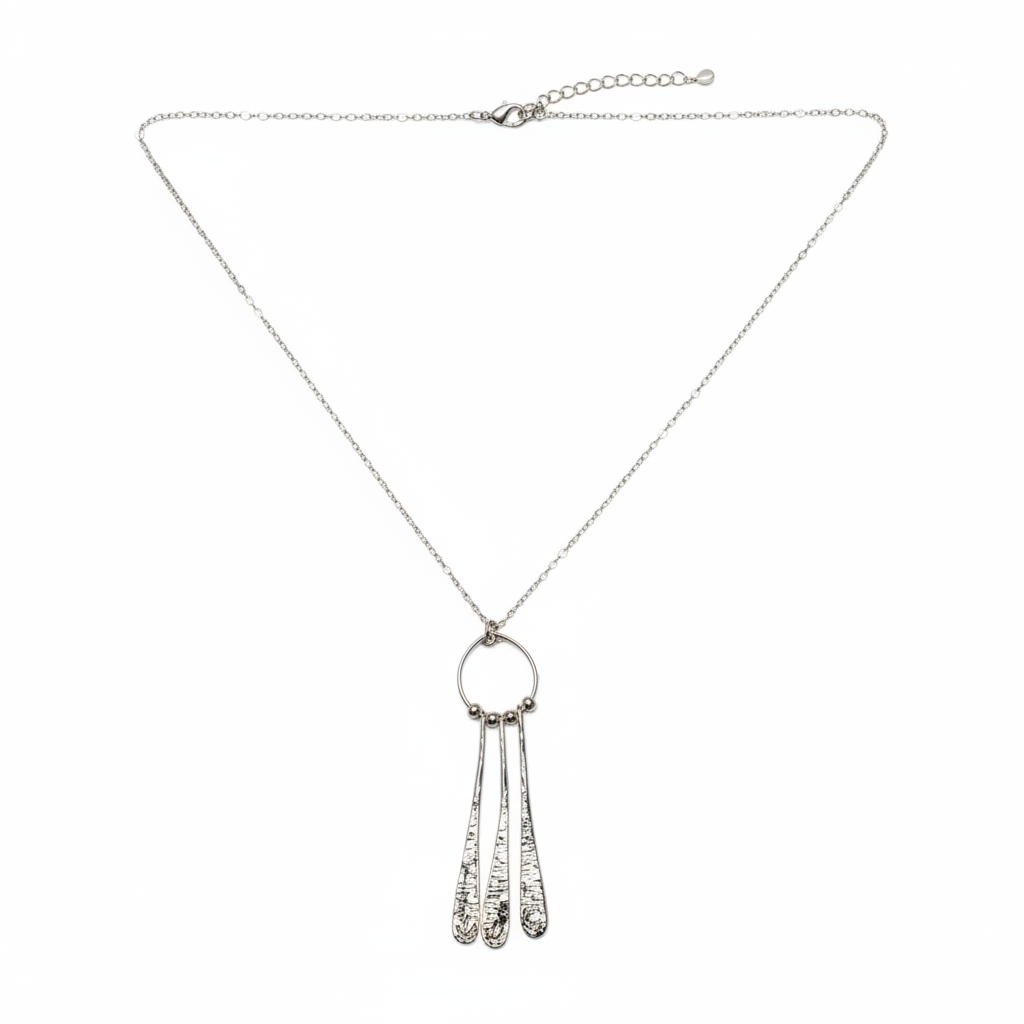 Beaten Triple Long Tear Drop Necklace - Silver Plate