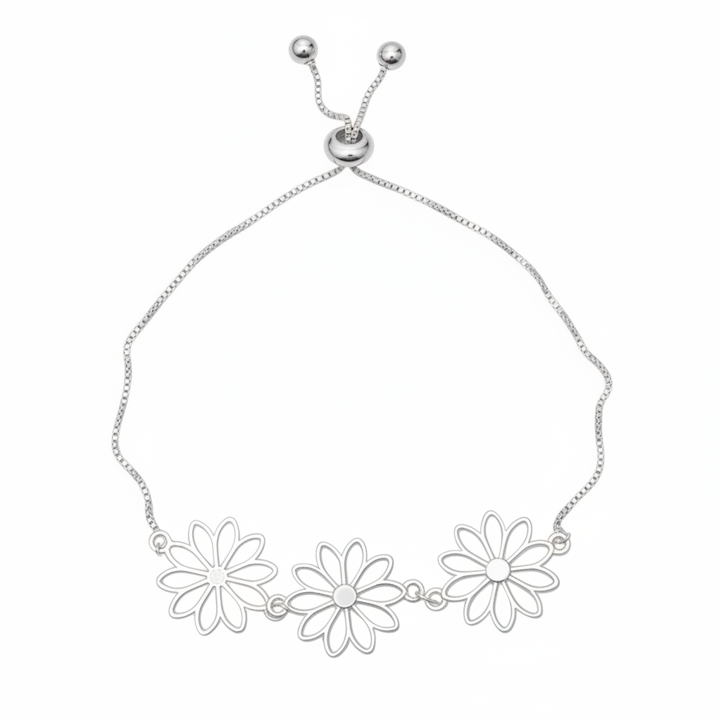 Adjustable Triple Flower Bracelet In Silver Plate