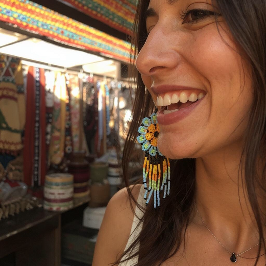 Yellow Blue Flower beaded Earrings