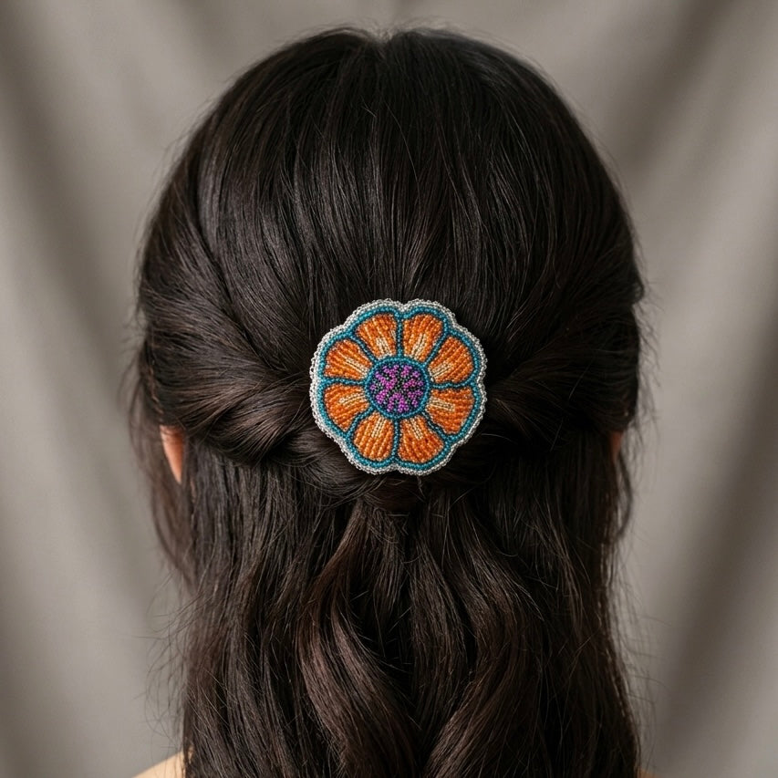 Silver Beaded Flower Barrette