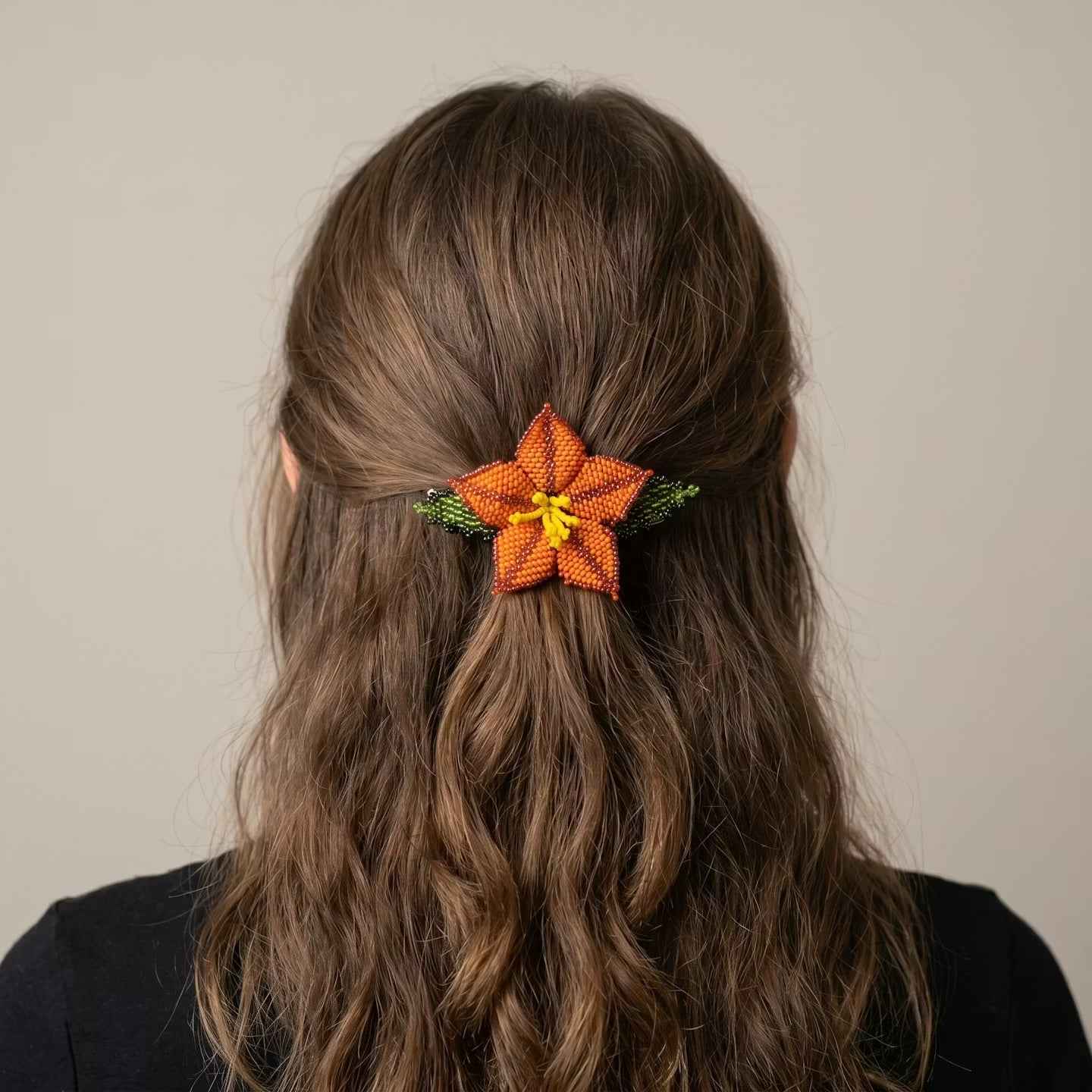 Orange Ember Bloom Beaded Hair Barrette