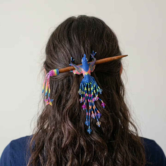 Blue Hummingbird Beaded Hair Stick