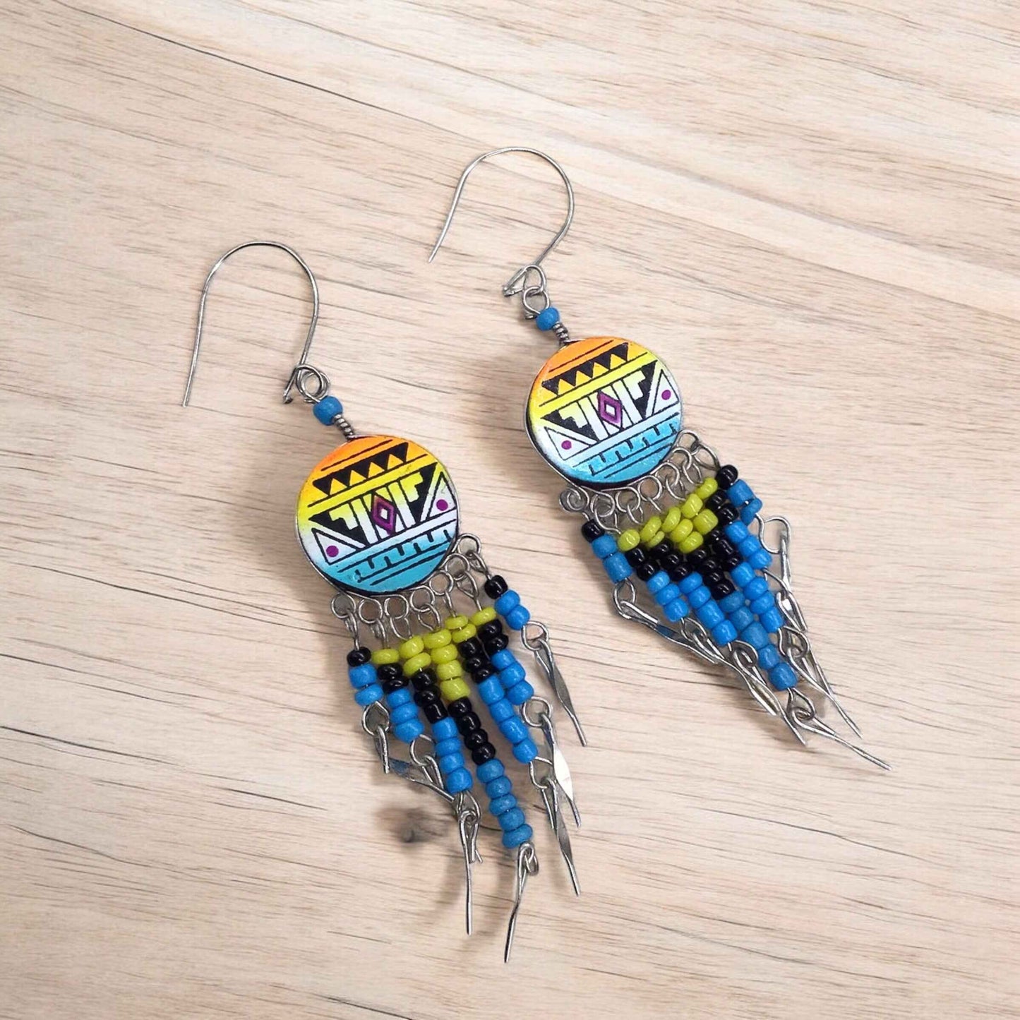 Yellow and Turquoise Southwestern Round Shaped Dangle Earrings