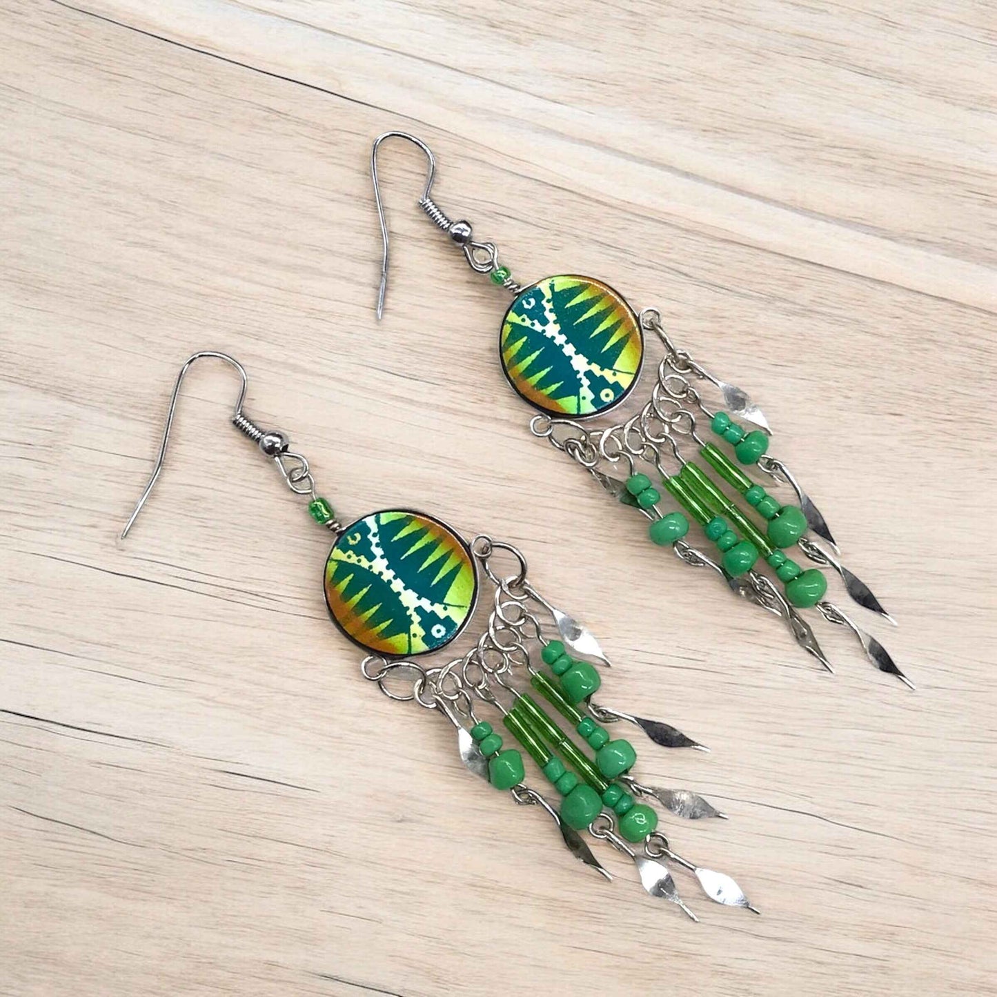 Green and Yellow Southwestern Round Shaped Dangle Earrings