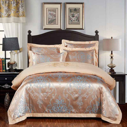 4-Piece Cotton Jacquard Bedding Set – Embroidered Floral Wedding Duvet Cover & Sheet Set