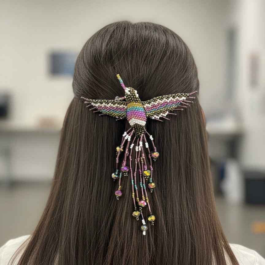 Purple / white Hummingbird Barrette with Fringes