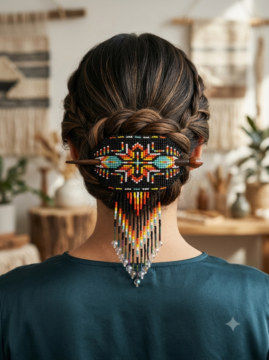 Feathers Fringed Beaded Barrette & Wooden Stick