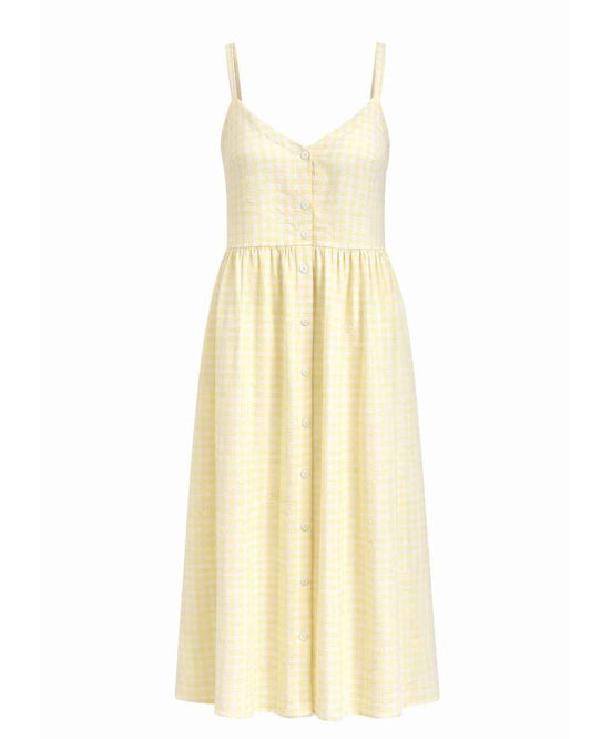 Prairie – Natural Waist Midi Dress With Pockets In Yellow Gingham