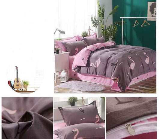 Pink Flamingo 4-Piece Bedding Set – Tropical Floral Polyester Quilt Cover, Sheet & Pillowcases