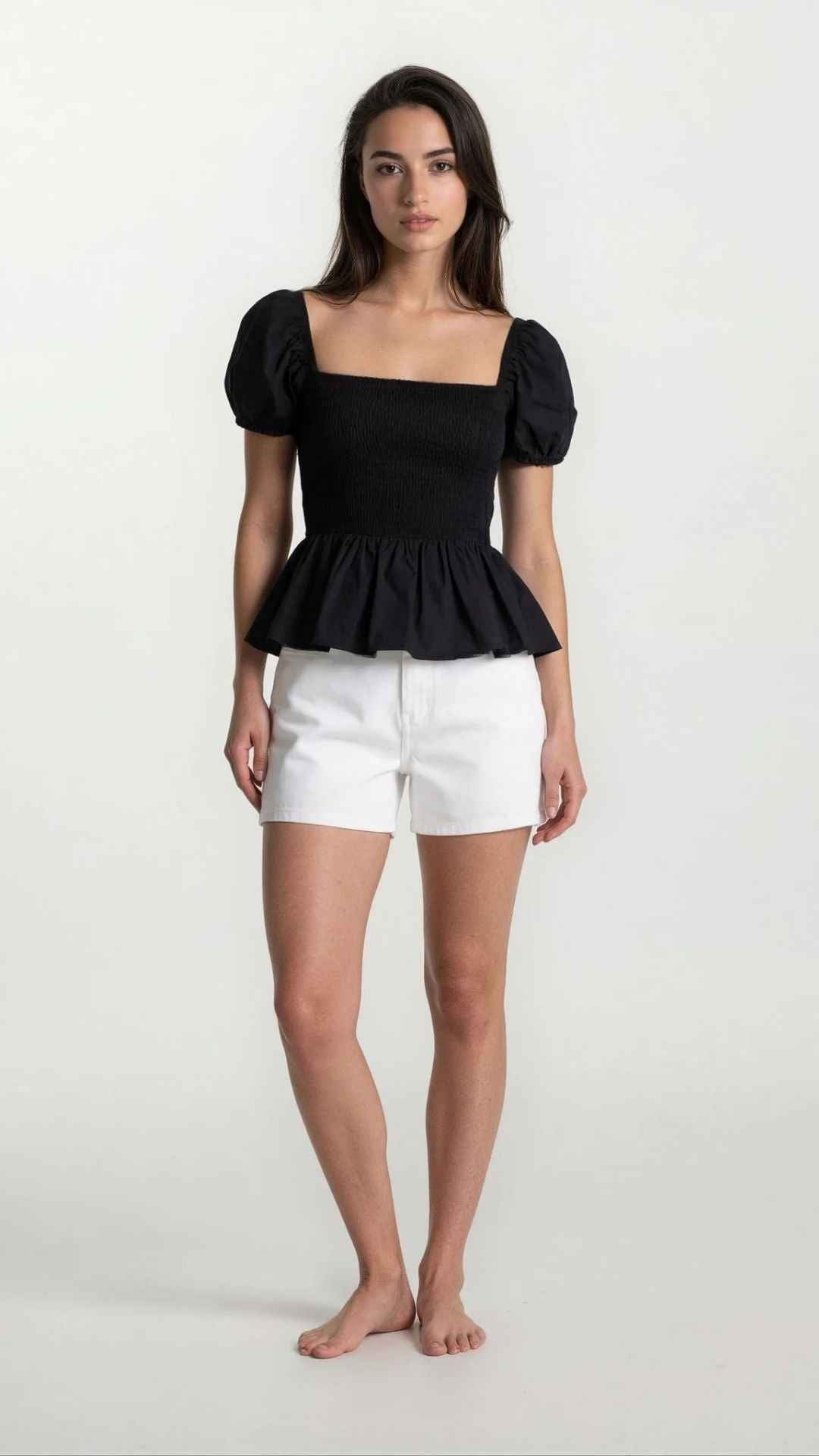 Sera – Cotton Poplin Puff Sleeve Peplum Blouse Top In Black