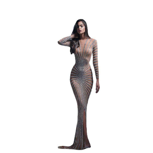Women’s Diamond Mesh Maxi Dress – Sparkling Sheer Evening Gown for Party and Events