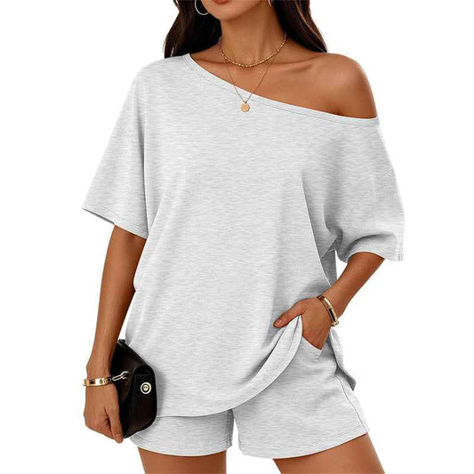 Womens 2-piece Fashionable Casual Set Slant-Neck Top And Shorts For Loungewear Daily Wear Work Gym Outfit