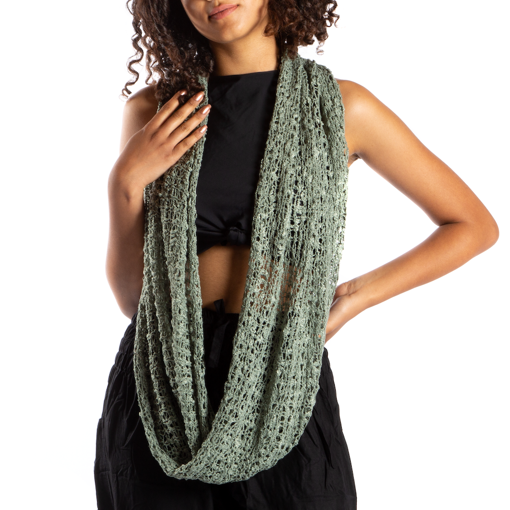 Popcorn Knit Infinity Scarf - Light Green