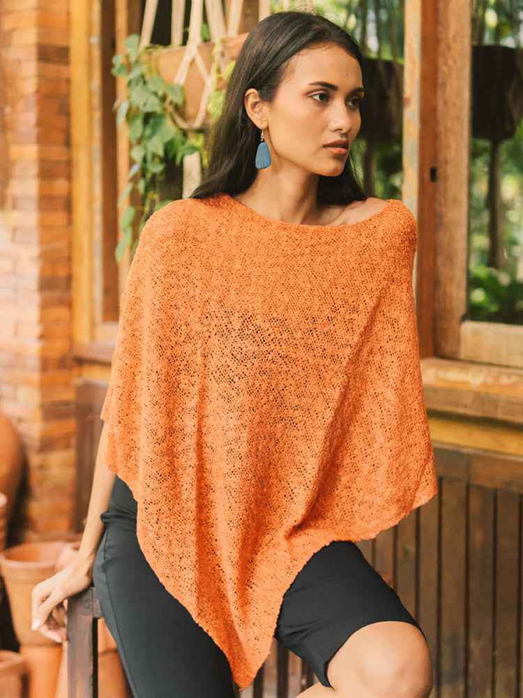 Double Knit Popcorn Poncho - Orange