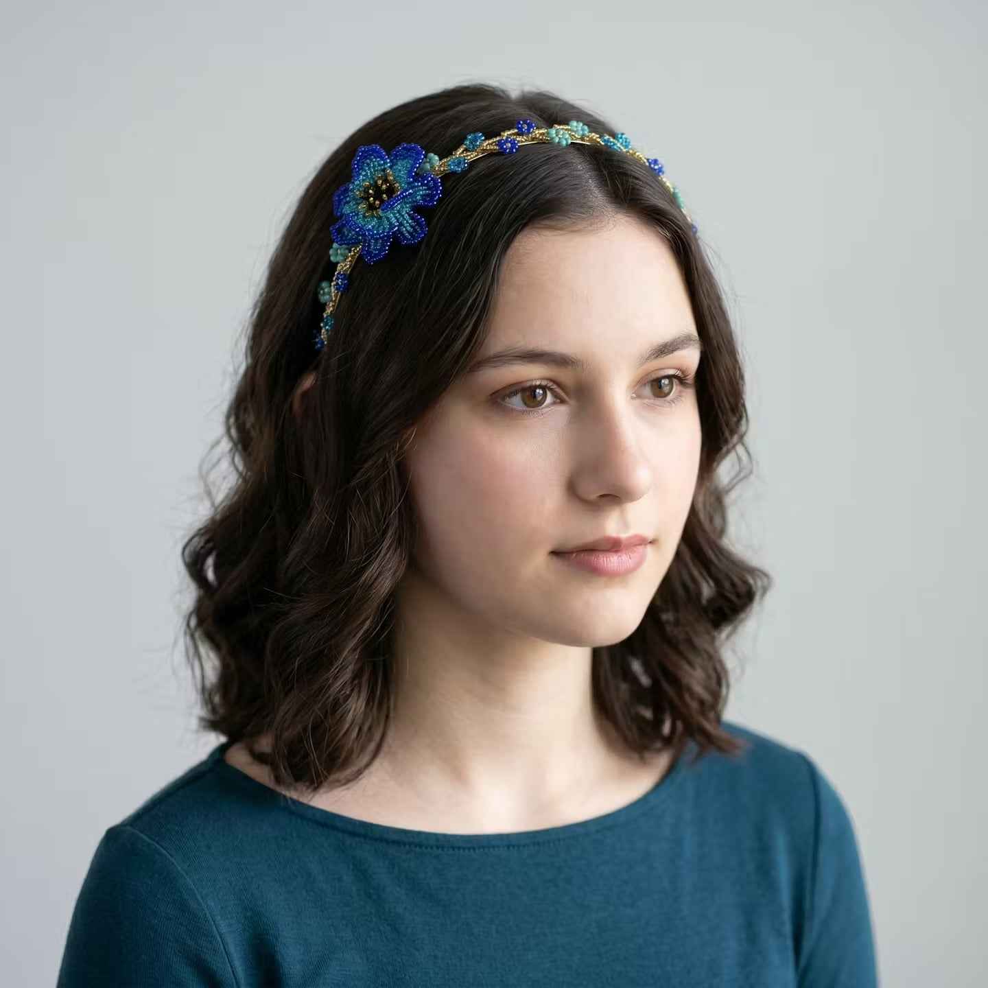 Beaded Headband with Flower Blue
