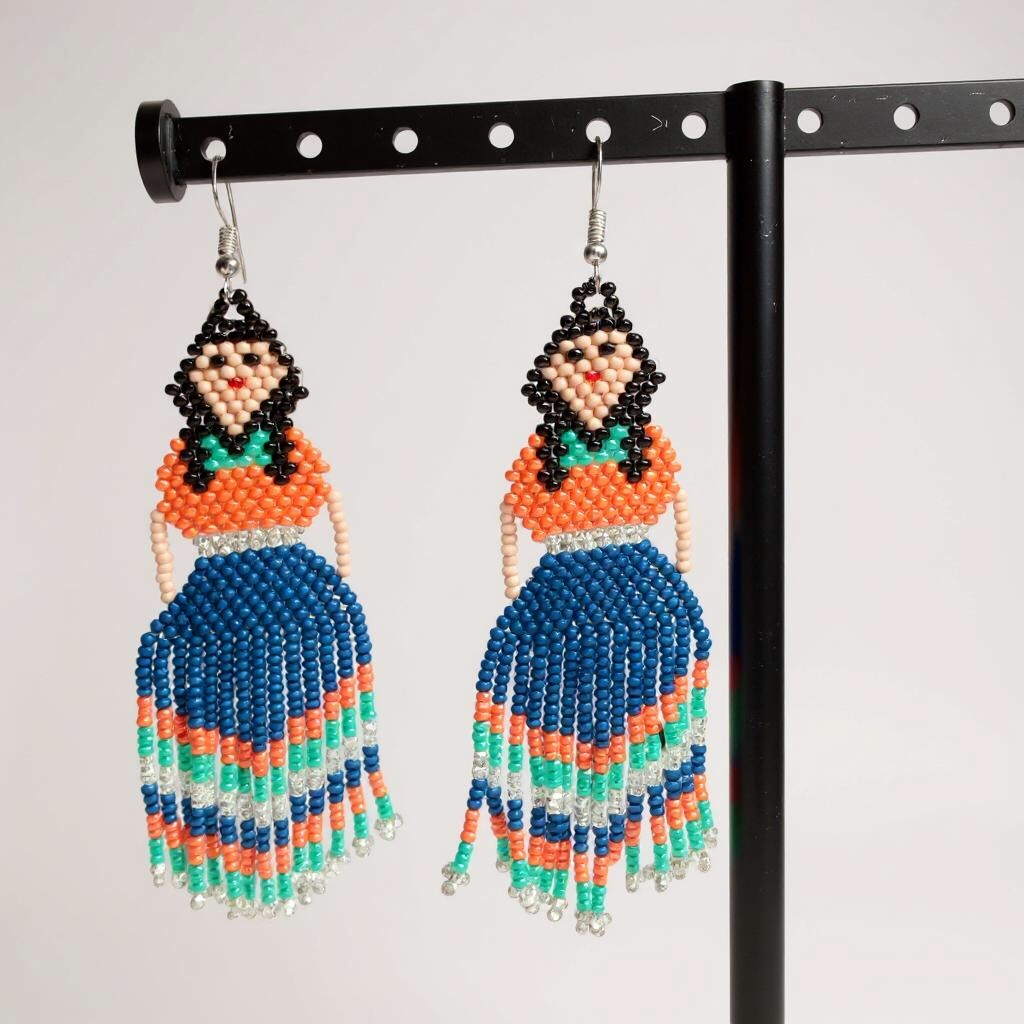 Green Orange Beaded Ribbon Skirt Dancer Earrings