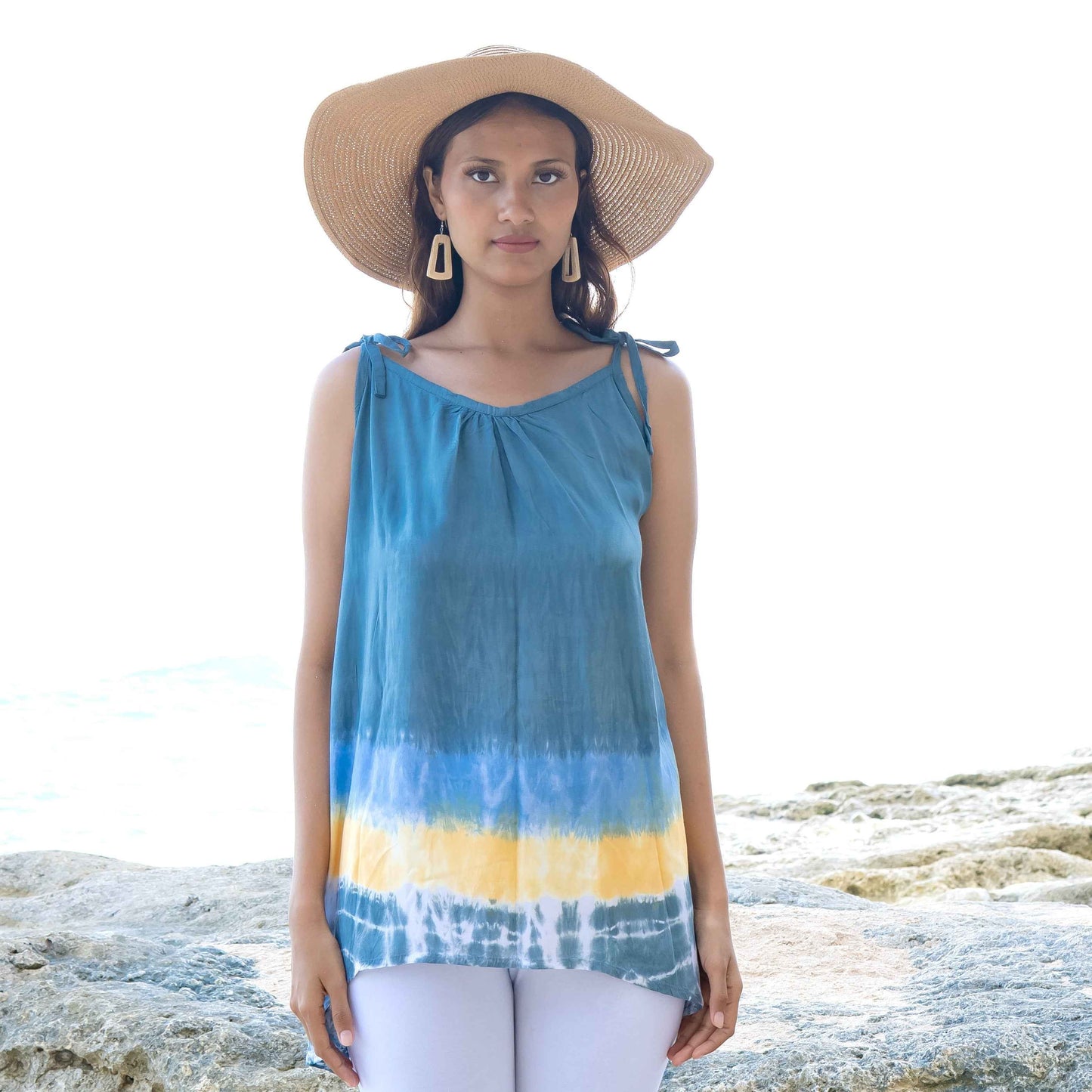 Beach Stripe & Tie Dye Long Tank Top In Grey