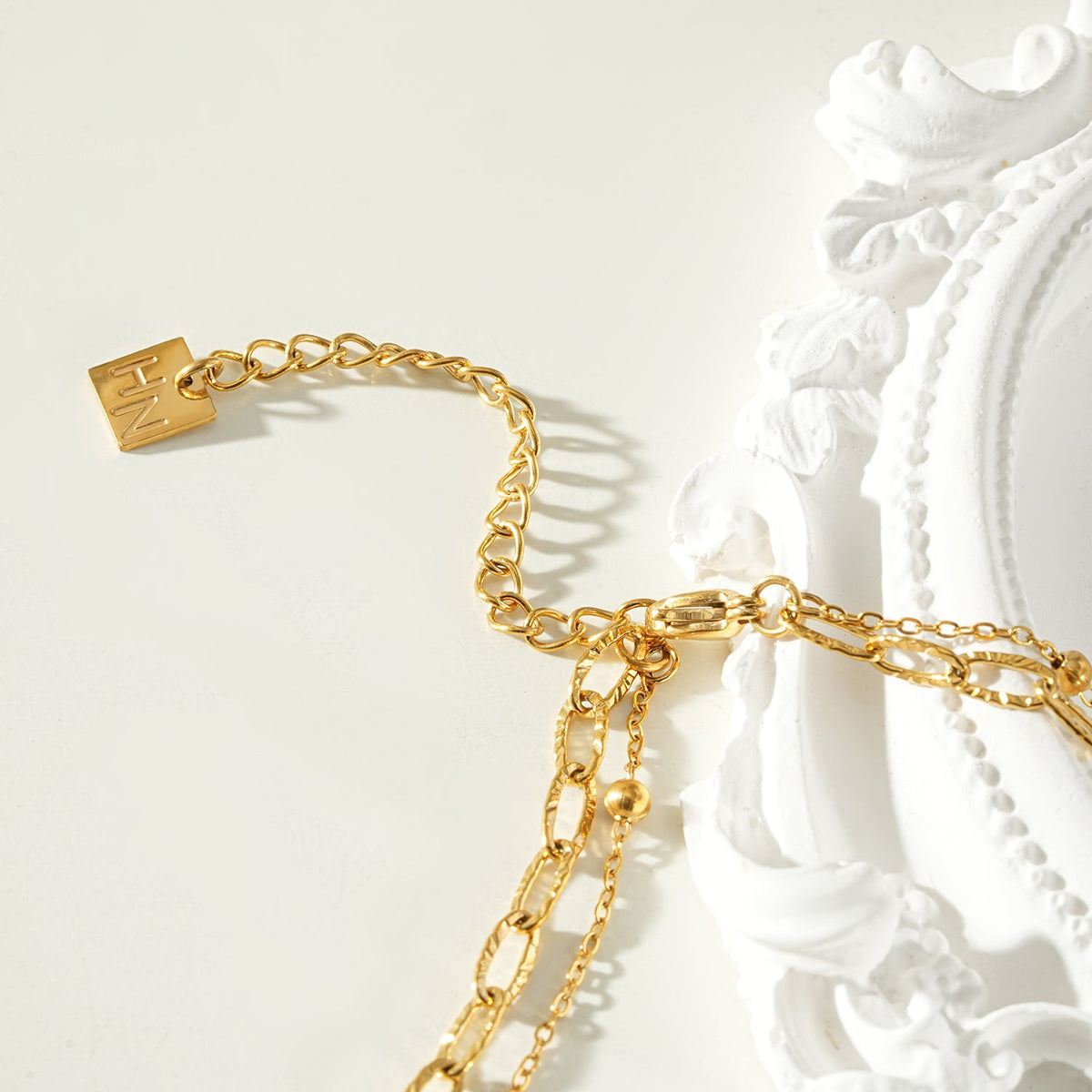 CASTILIA Gold Necklace: Double Stacked Paper Clip Chain & Beaded Chain - Dazzle in Duality.