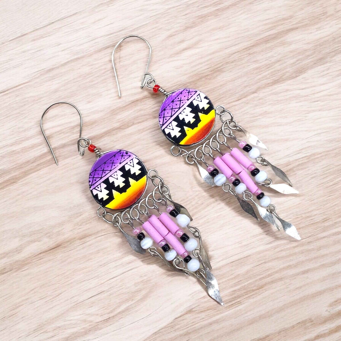Purple and Yellow Southwestern Round Shaped Dangle Earrings