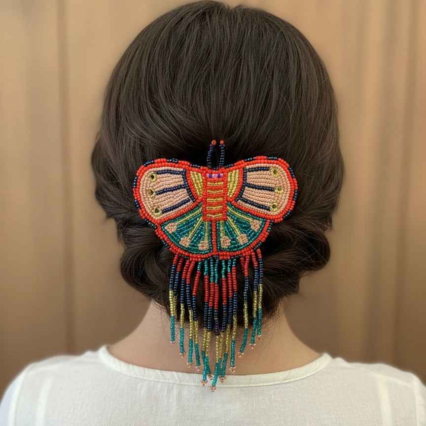 Butterfly Beaded Barrettes with Fringes Peach& Green