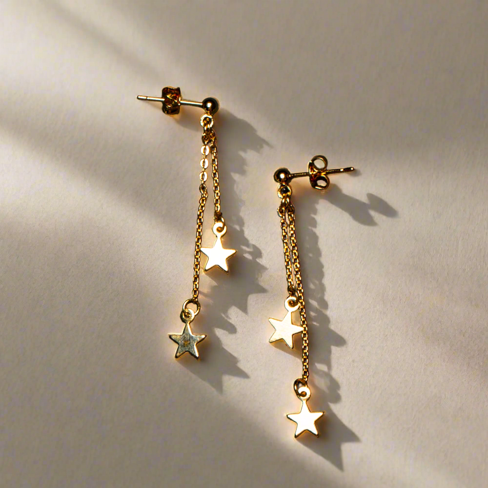 Double Drop Star Chain Stud Earring In Gold Plate