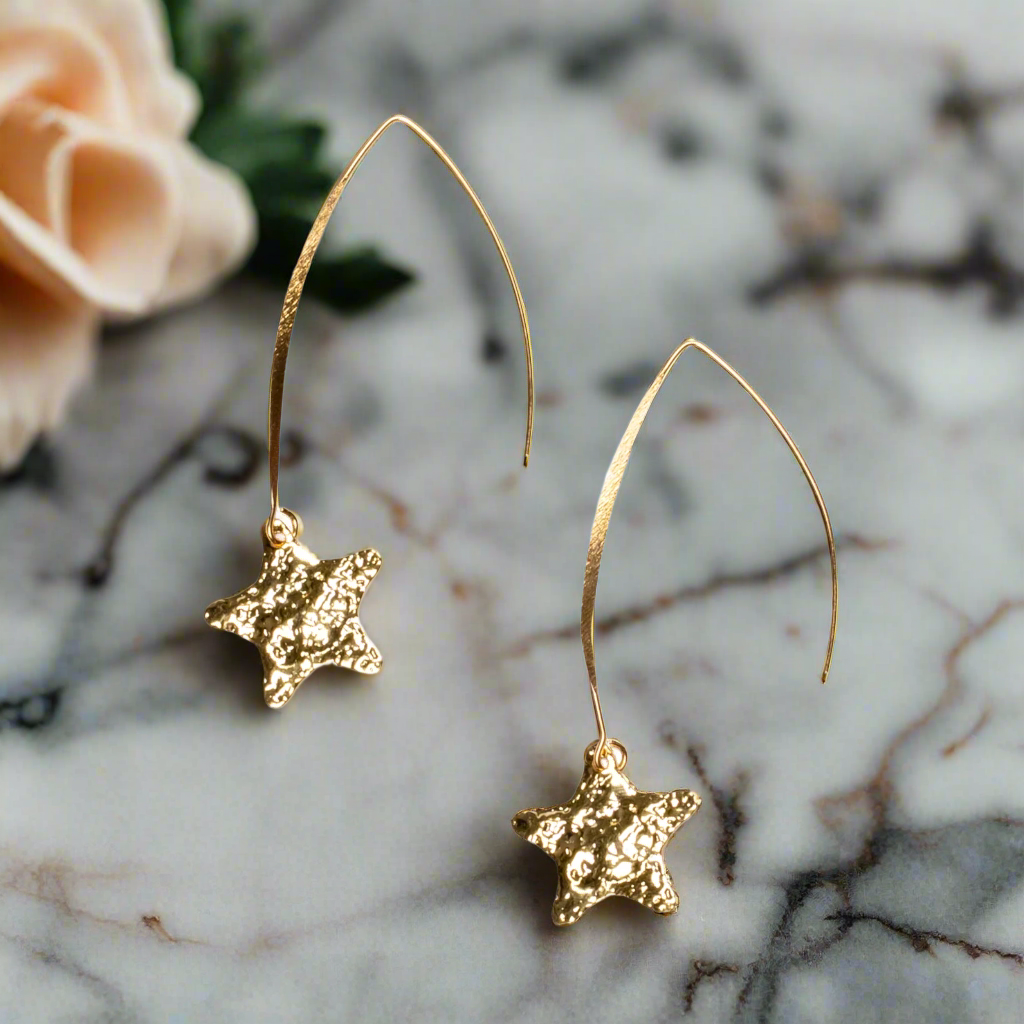 Hammered Star Drop Earring - Gold Plate