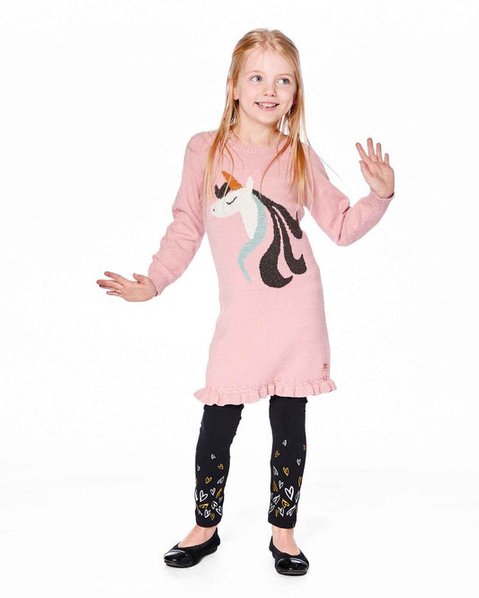 Knitted Dress Dusty Pink With Unicorn Intarsia
