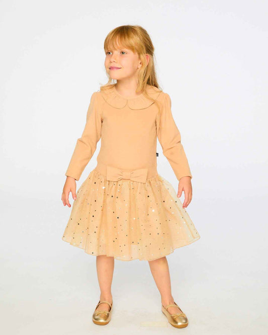 Bi-Material Dress With Glittering Skirt Beige