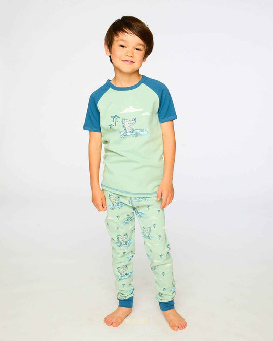 Organic Cotton Two-Piece Pyjama Set Green Crocodile Print