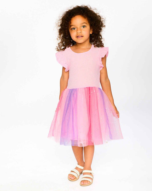 Bi-Material Mesh Dress Pale Pink