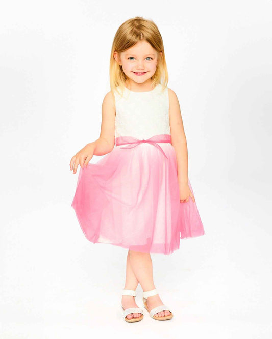 Bi-Material Pleated Mesh Dress White And Pink