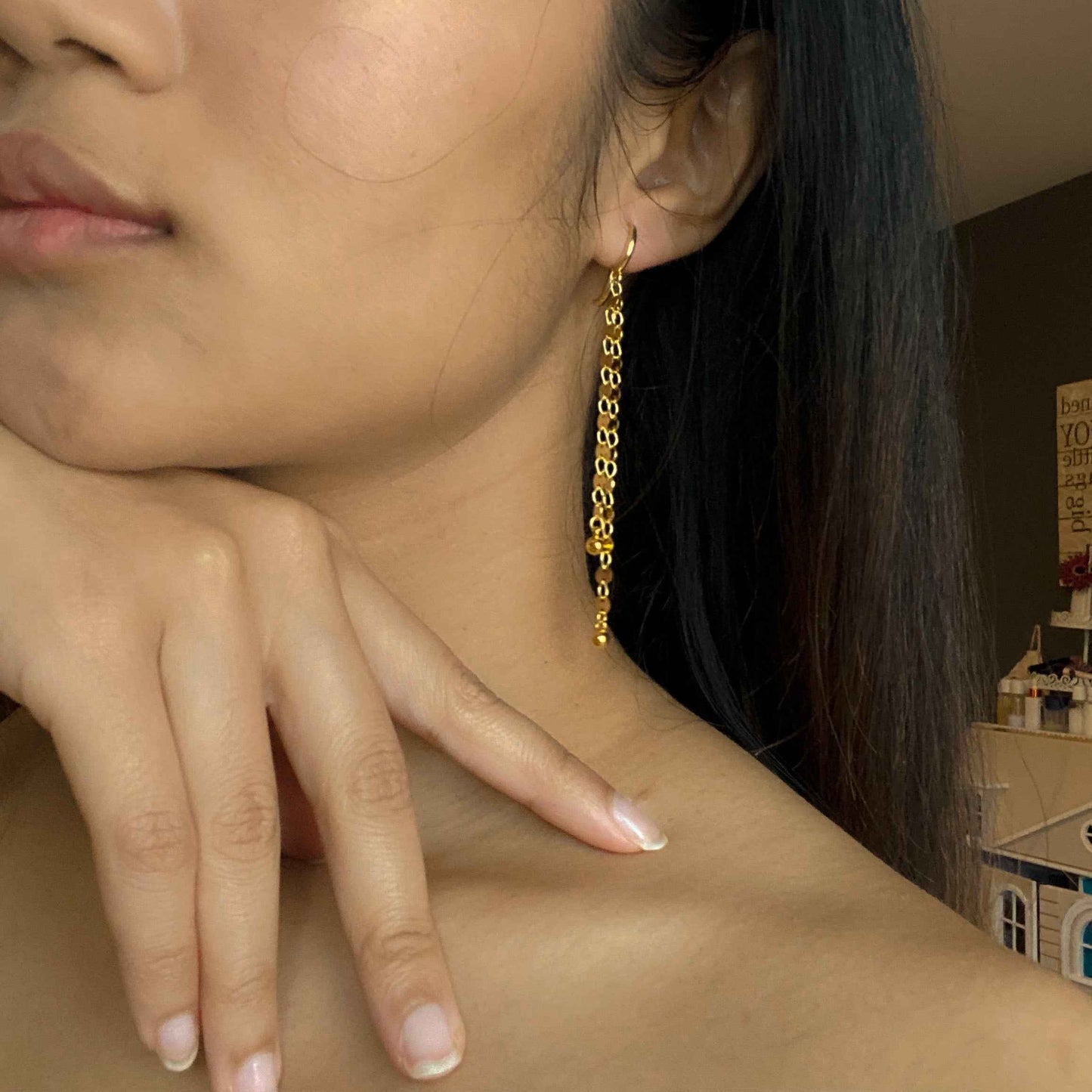 Disc Chain Double Drop Earrings In Gold Plate