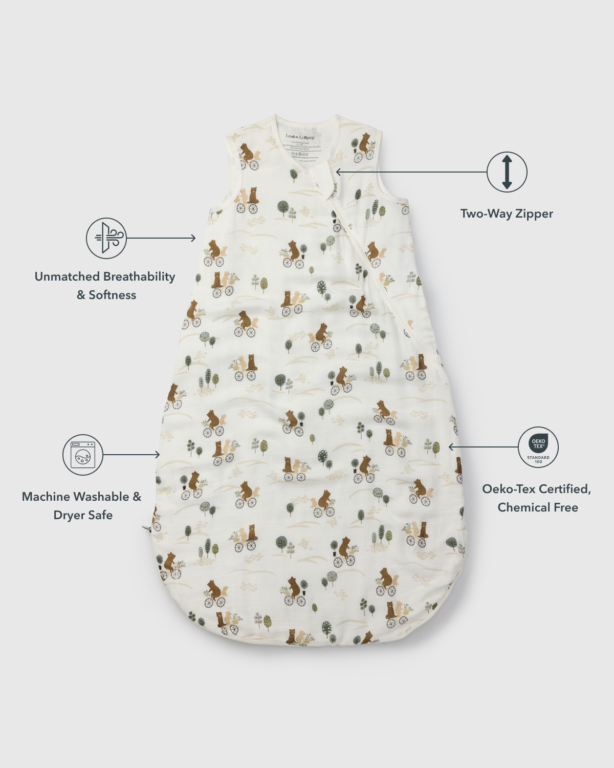 Baby Bamboo Muslin Sleep Sack 0.5 TOG - Bears on Bikes