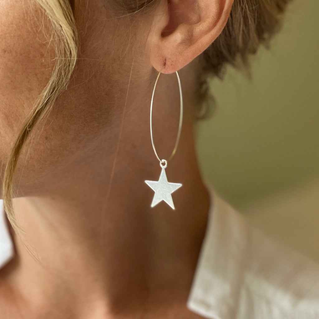 Silver Plate Star On Hoop Earrings