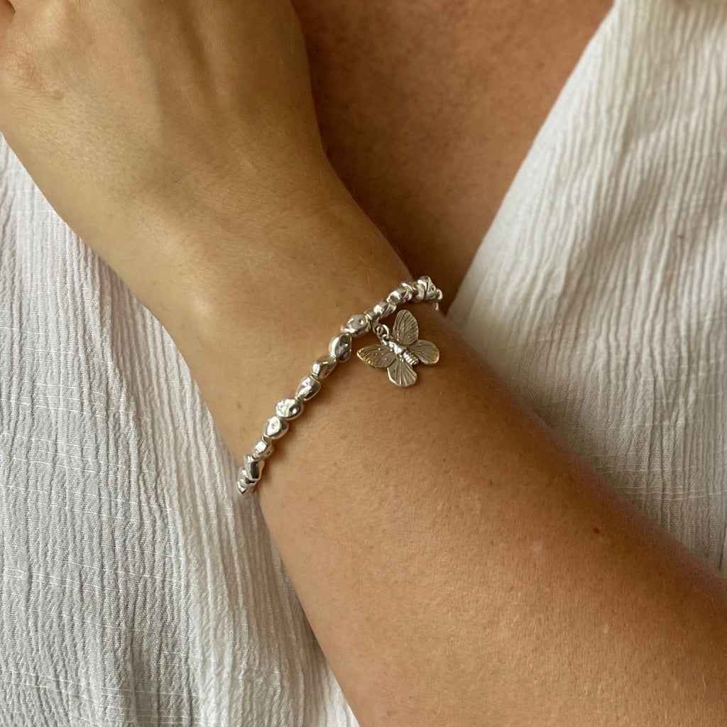 Butterfly Charm Nugget Bracelet in Silver Plate