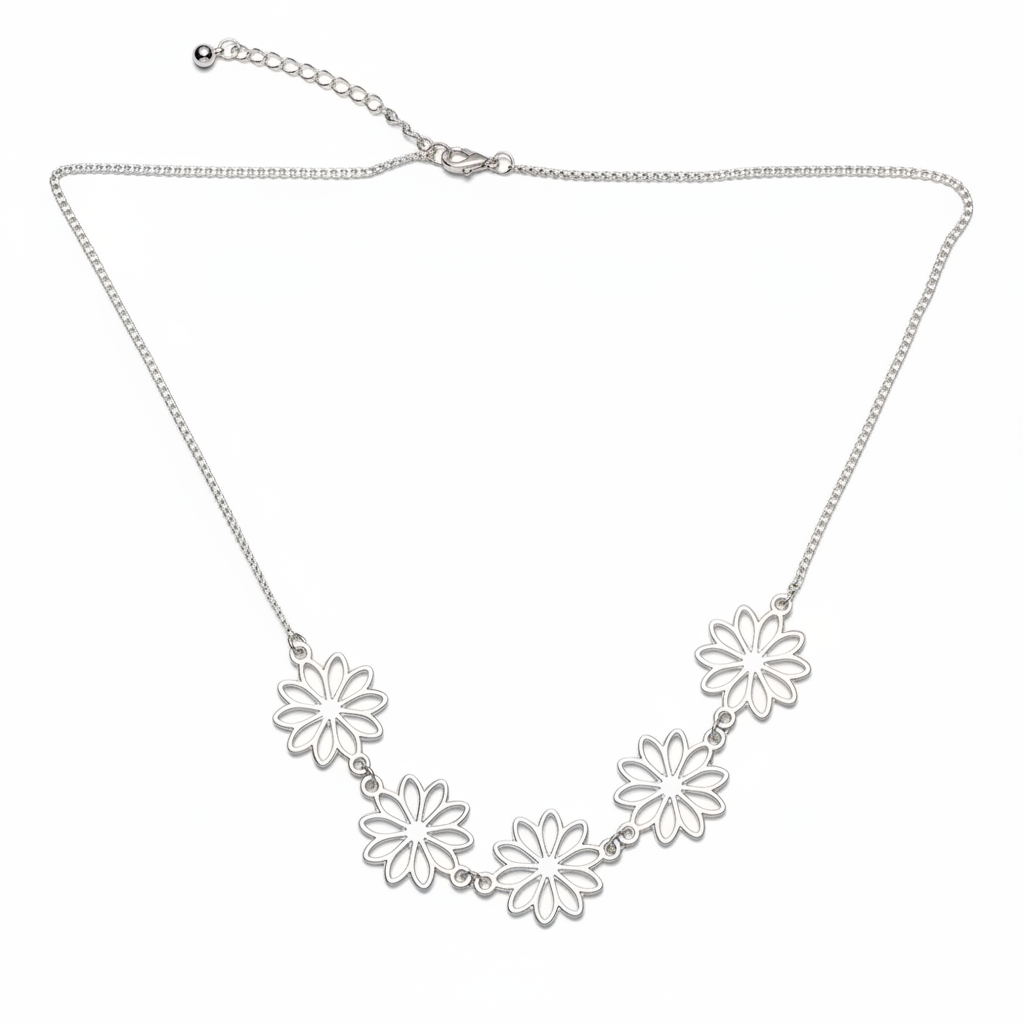 Five Flower Necklace In Silver Plate