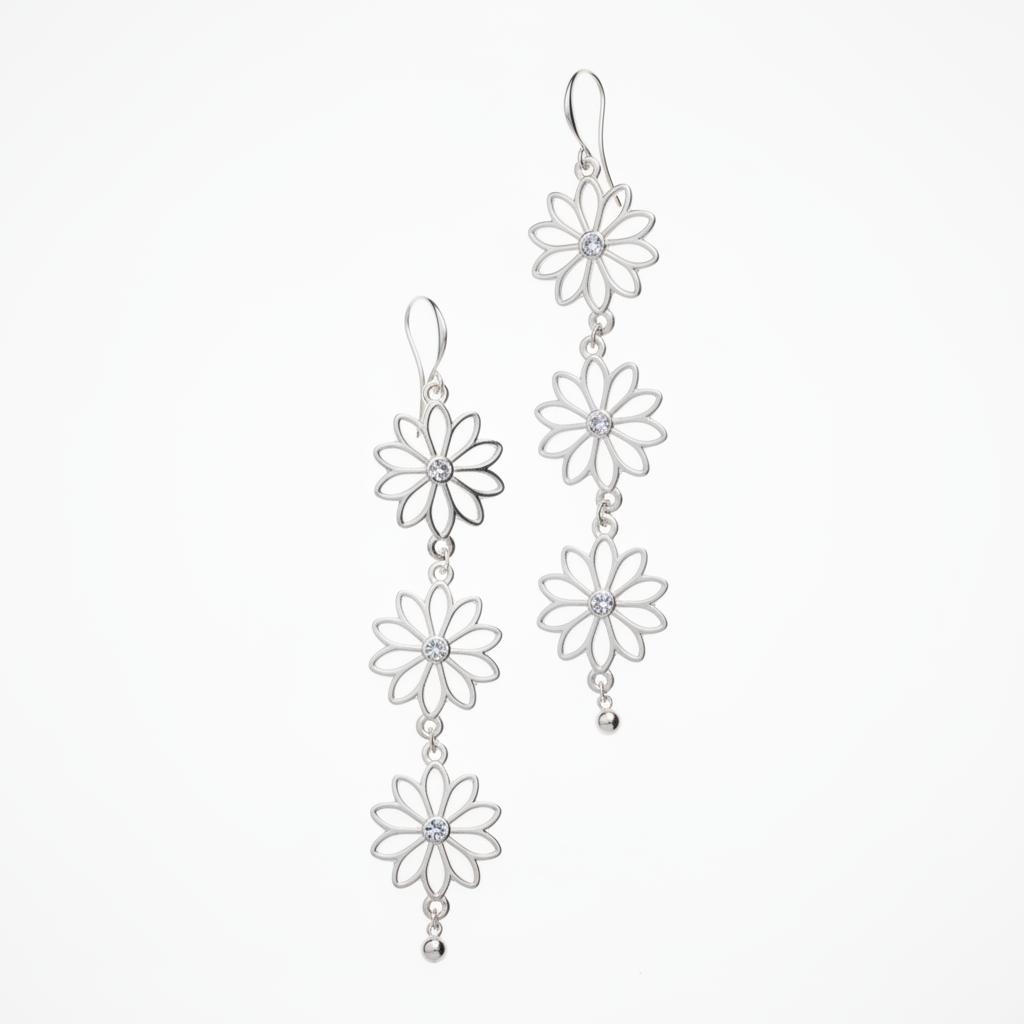 Triple Flower Drop Earrings In Silver Plate