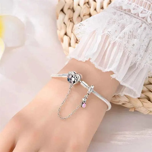 Sterling Silver Heart Paw Print Charm Bracelet with Safety Chain