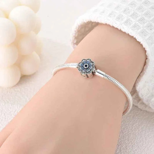 Sterling Silver Blue Flower Clasp Bracelet with Dream Engraving
