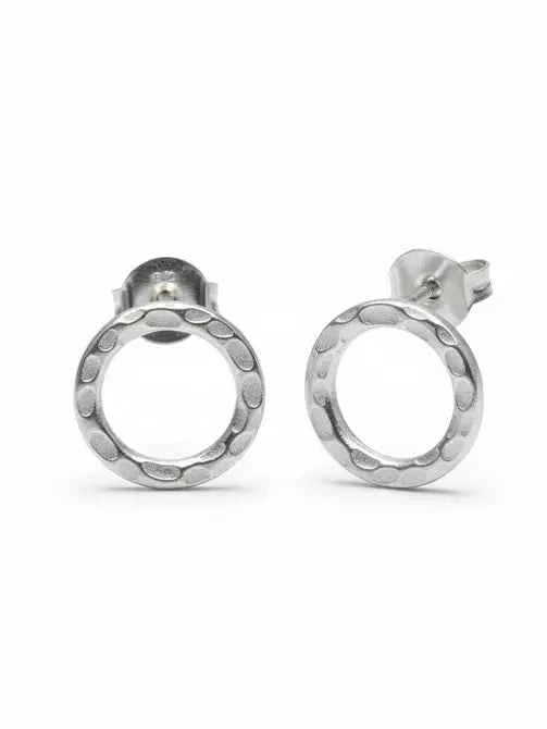 Beaten Circle Silver Plate Stud Earrings
