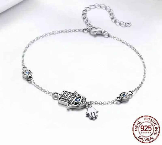 Sterling Silver Blue Evil Eye Charm Bracelet – Lobster Clasp