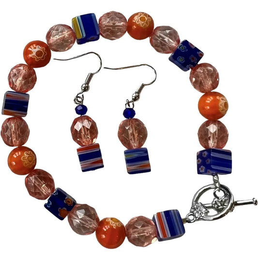 Bracelet et boucles d'oreilles bleu et orange