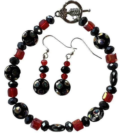 Bracelet et boucle d'oreille noir et rouge