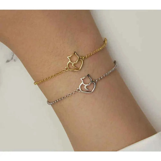 925 Sterling Silver Cat Heart Chain Bracelet