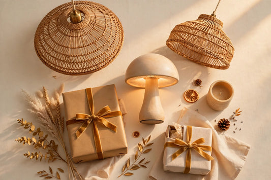 Golden-hour cozy home lighting gift guide flat-lay
