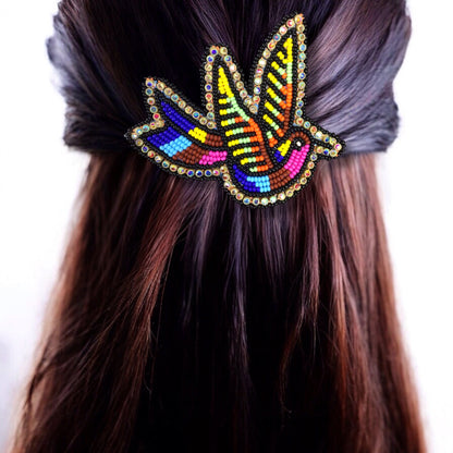 Blue and Pink Beaded Hummingbird Barrette